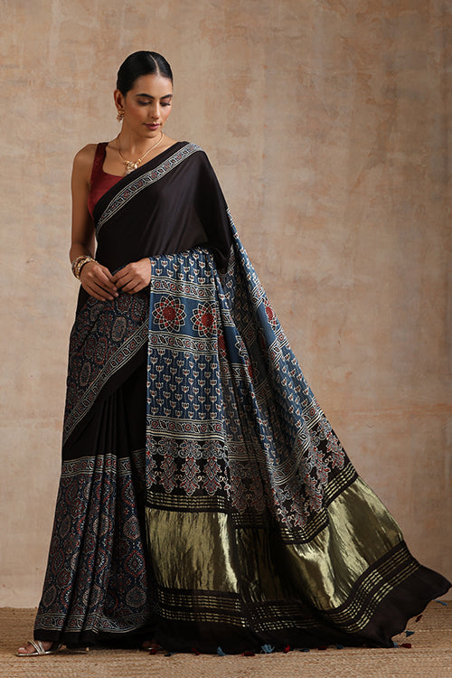 Jahangir Khatri - Indigo Blue Ajrakh Modal Tissue Saree