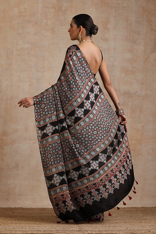 Jahangir Khatri - Black & Maroon Ajrakh & Bandhani Modal Saree