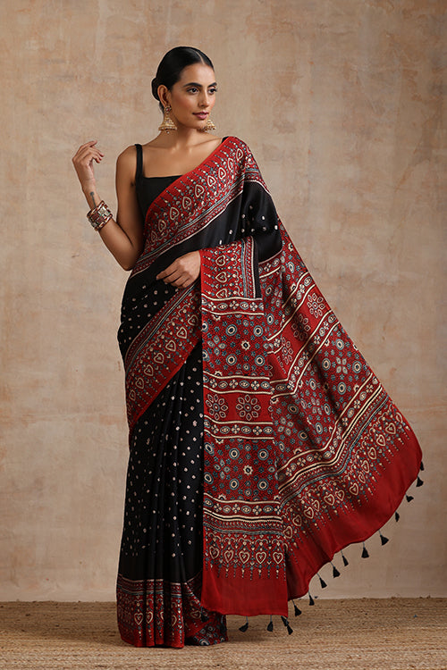 Jahangir Khatri - Red & Black  Ajrakh & Bandhani Modal Saree