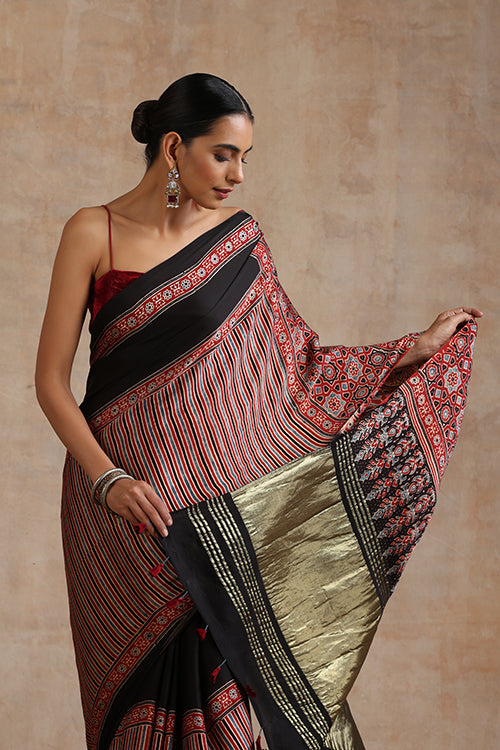 Jahangir Khatri - Red Ajrakh Modal Tissue Saree