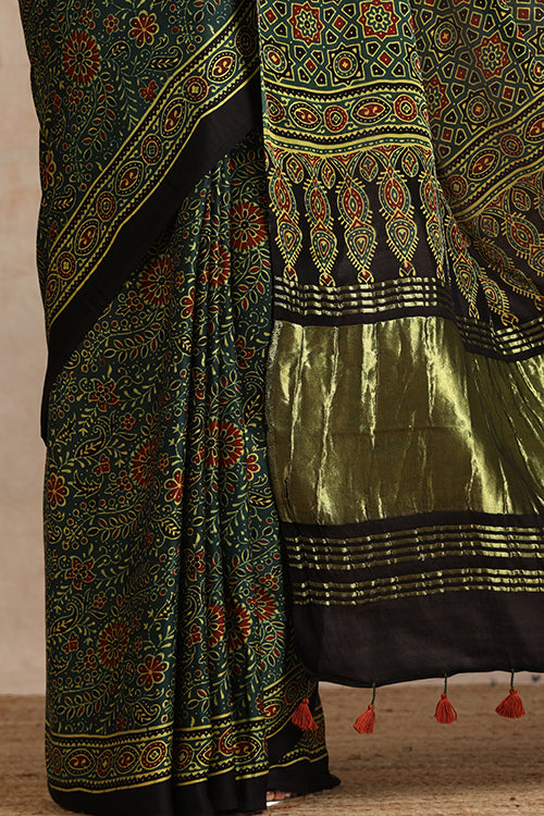 Jahangir Khatri - Green Ajrakh Modal Tissue Saree - 024