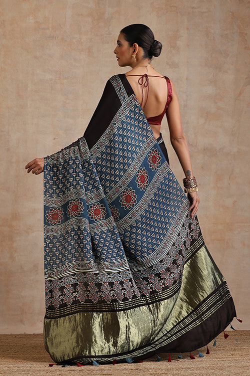 Jahangir Khatri - Indigo Blue Ajrakh Modal Tissue Saree