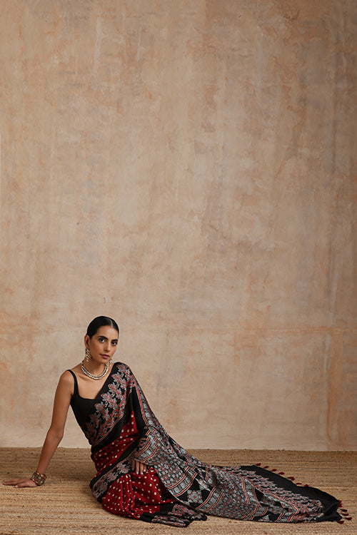 Jahangir Khatri - Black & Maroon Ajrakh & Bandhani Modal Saree