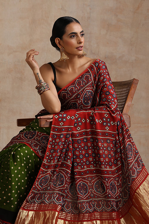 Jahangir Khatri - Red & Green Ajrakh & Bandhani Modal Tissue Saree - 018