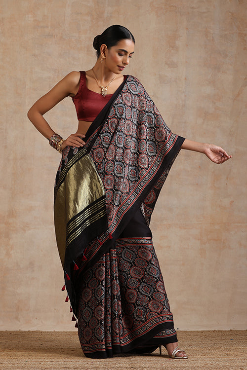 Jahangir Khatri - Black Ajrakh Modal Tissue Saree - 030