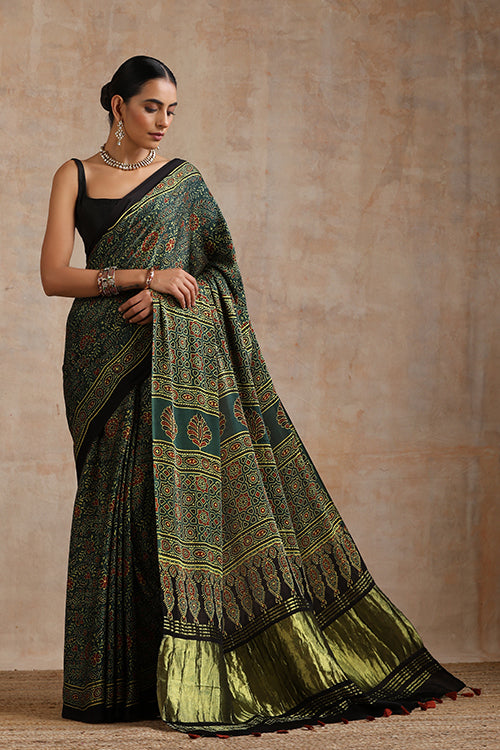 Jahangir Khatri - Green Ajrakh Modal Tissue Saree - 024