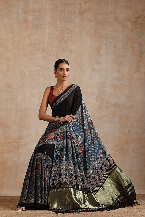 Jahangir Khatri - Indigo Blue Ajrakh Modal Tissue Saree
