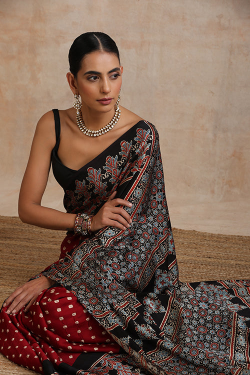 Jahangir Khatri - Black & Maroon Ajrakh & Bandhani Modal Saree