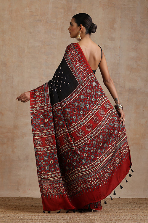 Jahangir Khatri - Red & Black  Ajrakh & Bandhani Modal Saree