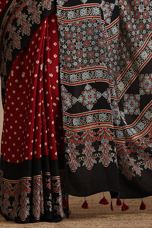 Jahangir Khatri - Black & Maroon Ajrakh & Bandhani Modal Saree