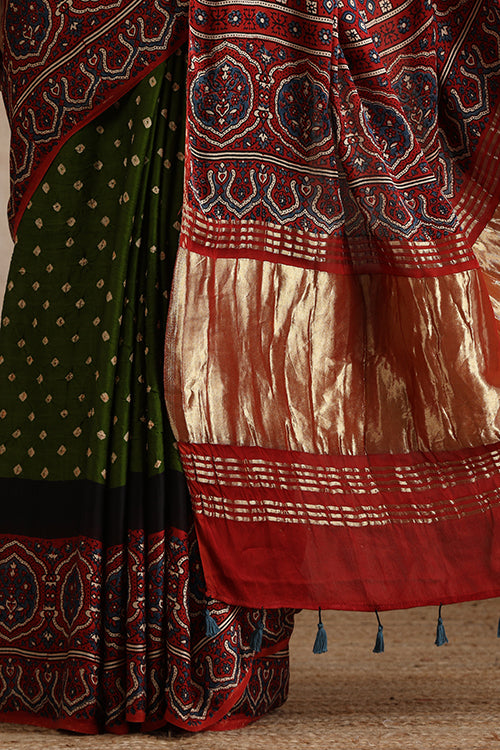 Jahangir Khatri - Red & Green Ajrakh & Bandhani Modal Tissue Saree - 018