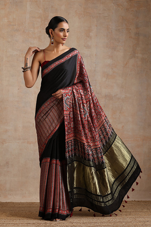 Jahangir Khatri - Red Ajrakh Modal Tissue Saree