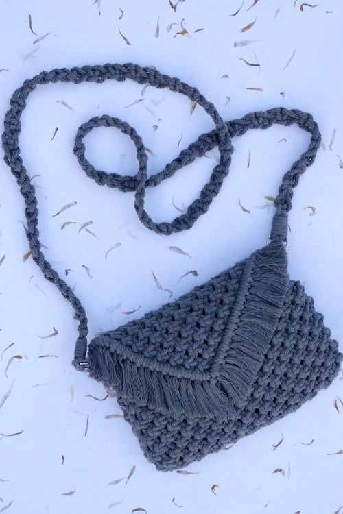 House of Macrame Handcrafted Macrame Clutch Bag with sling (Charcoal Grey)