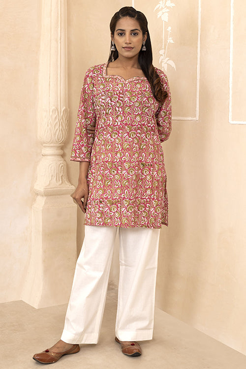 Shuddhi Raspberry Pink Handblock Printed Cotton Short Kurti