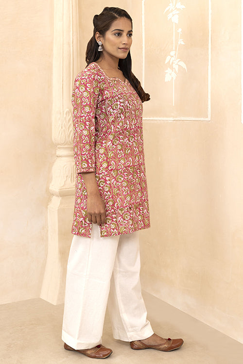 Shuddhi Raspberry Pink Handblock Printed Cotton Short Kurti