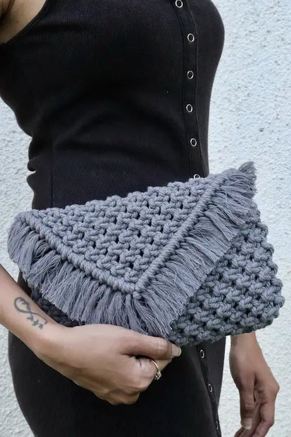 House of Macrame Handcrafted Macrame Clutch Bag with sling (Charcoal Grey)