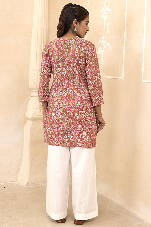 Shuddhi Raspberry Pink Handblock Printed Cotton Short Kurti