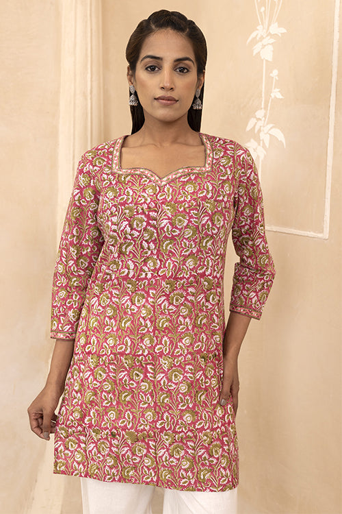 Shuddhi Raspberry Pink Handblock Printed Cotton Short Kurti