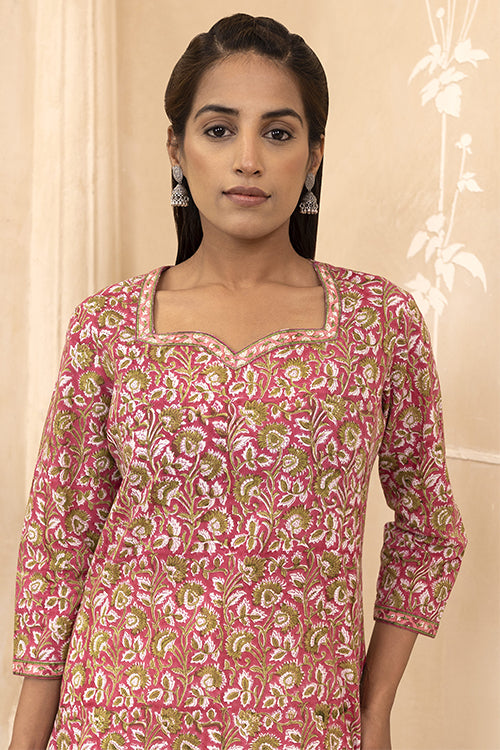 Shuddhi Raspberry Pink Handblock Printed Cotton Short Kurti