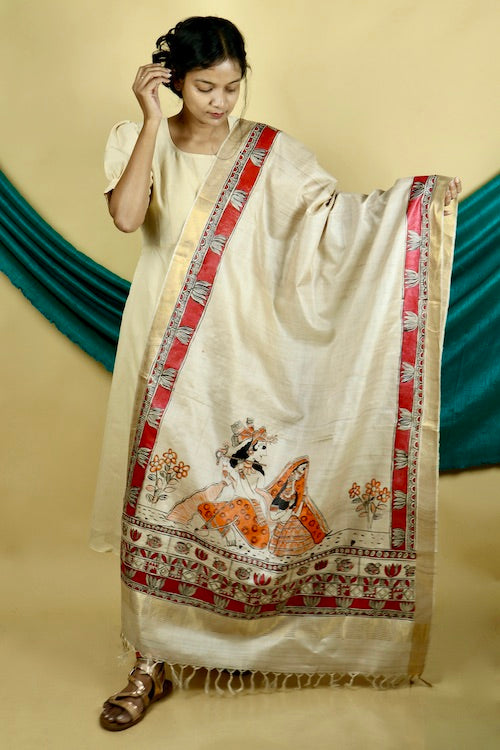 Diorama Designs Madhubani Hand-Painted  "Madana Mohini" Natural Tussar Silk Dupatta