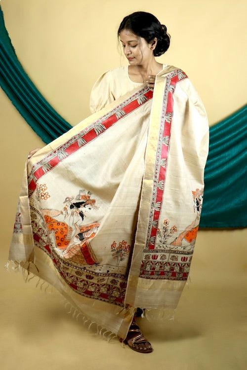 Diorama Designs Madhubani Hand-Painted  "Madana Mohini" Natural Tussar Silk Dupatta