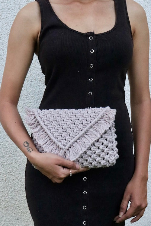 Handcrafted Macrame Clutch Bag with swing (Blush Grey) | Relove