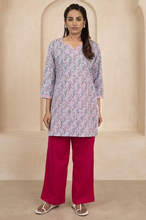Shuddhi Sky Blue Handblock Printed Short Kurti