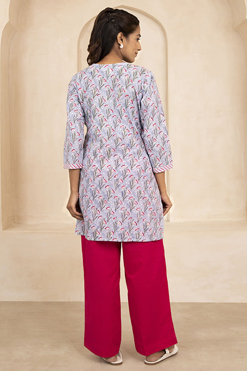 Shuddhi Sky Blue Handblock Printed Short Kurti