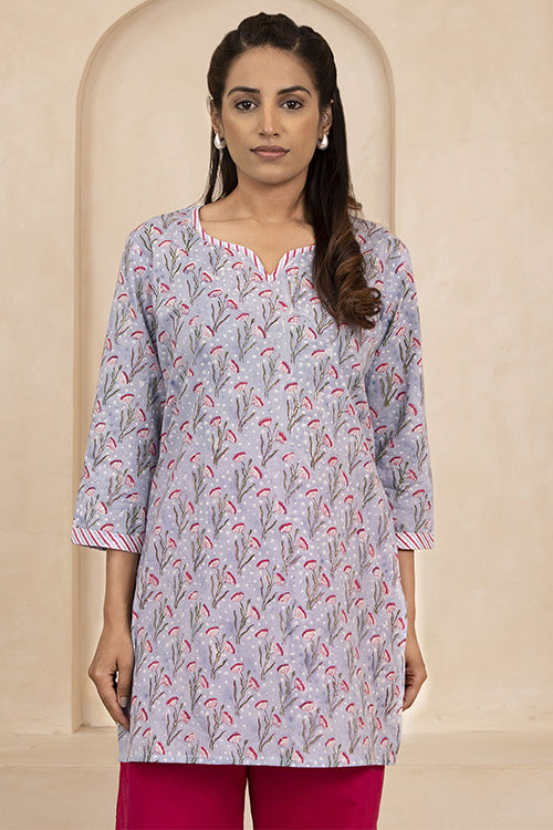 Shuddhi Sky Blue Handblock Printed Short Kurti