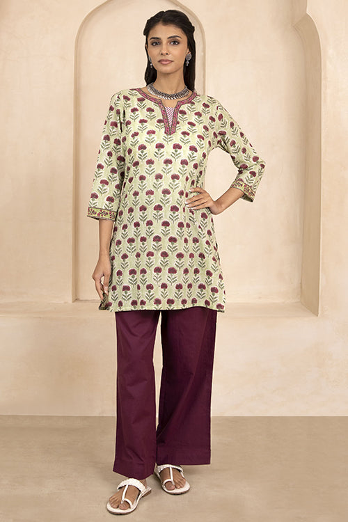 Shuddhi Sage Green Handblock Printed Short Kurti