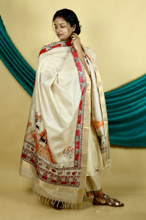 Diorama Designs Madhubani Hand-Painted  "Madana Mohini" Natural Tussar Silk Dupatta