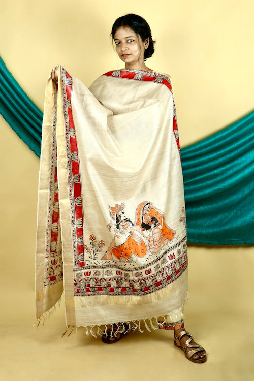 Diorama Designs Madhubani Hand-Painted  "Madana Mohini" Natural Tussar Silk Dupatta