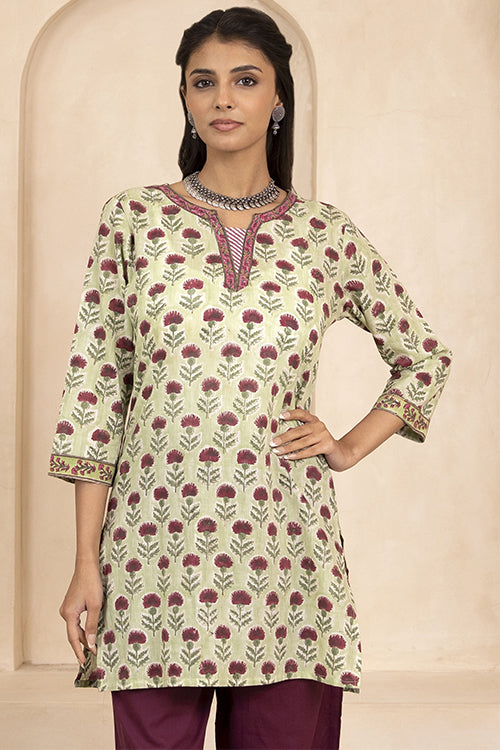 Shuddhi Sage Green Handblock Printed Short Kurti