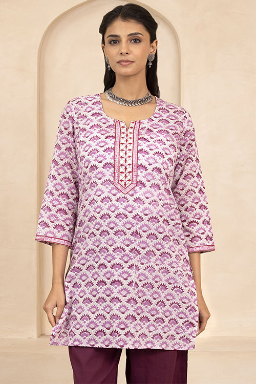 Shuddhi White and Purple Handblock Printed Short Kurti