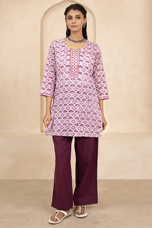 Shuddhi White and Purple Handblock Printed Short Kurti