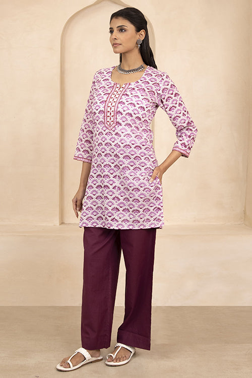 Shuddhi White and Purple Handblock Printed Short Kurti