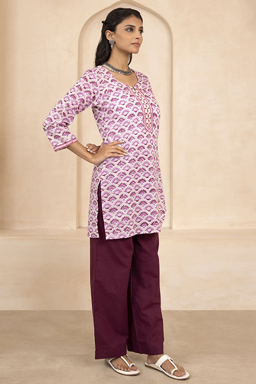 Shuddhi White and Purple Handblock Printed Short Kurti