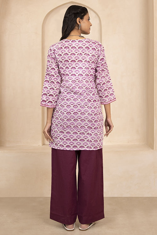 Shuddhi White and Purple Handblock Printed Short Kurti