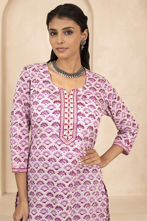 Shuddhi White and Purple Handblock Printed Short Kurti