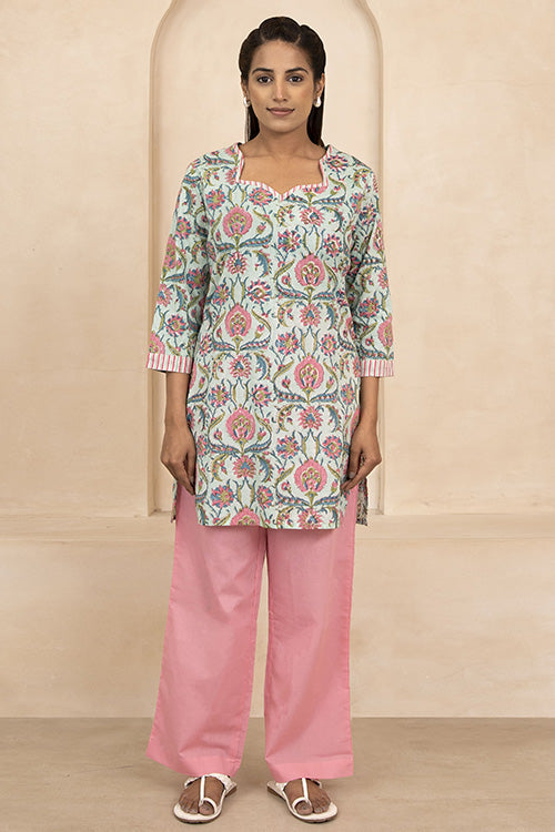 Shuddhi Mint Green Handblock Printed Short Kurti