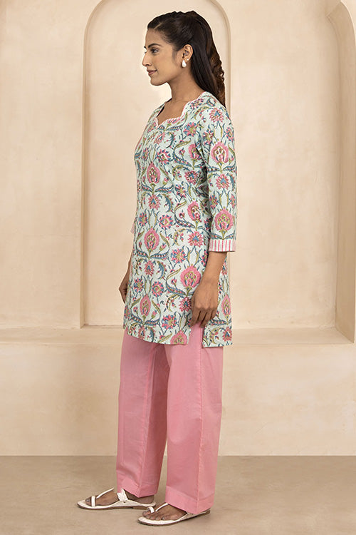 Shuddhi Mint Green Handblock Printed Short Kurti