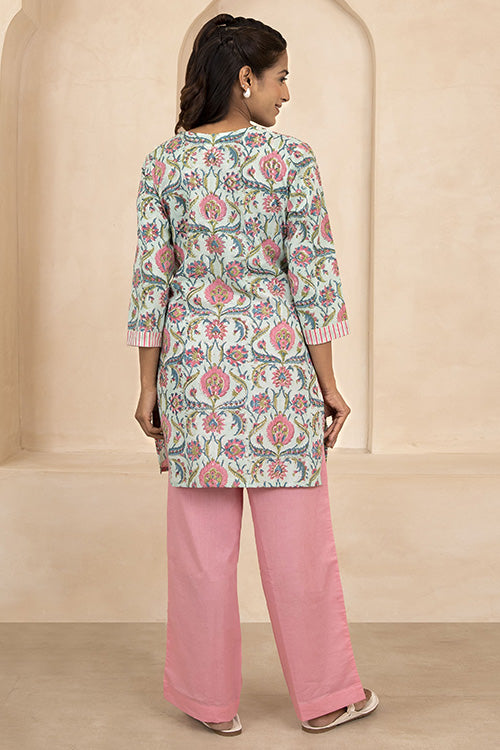Shuddhi Mint Green Handblock Printed Short Kurti