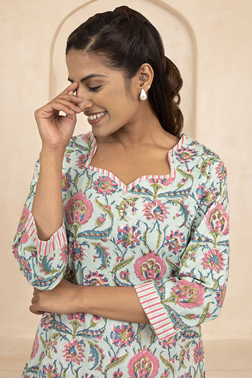 Shuddhi Mint Green Handblock Printed Short Kurti