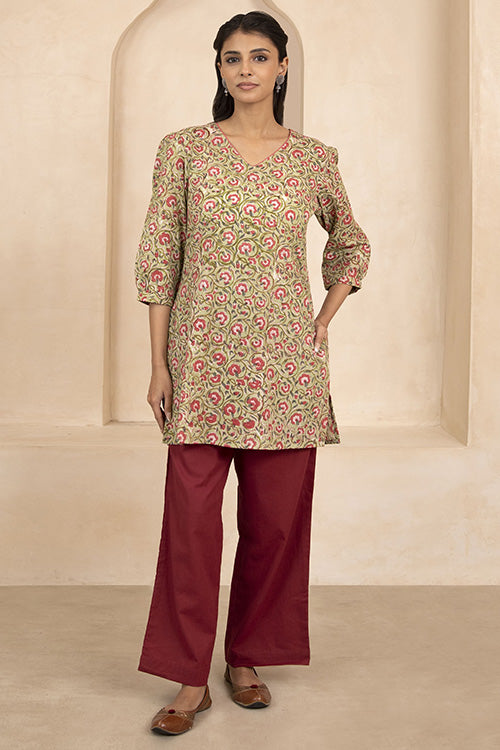 Shuddhi Pale Olive Green Handblock Printed Short Kurti