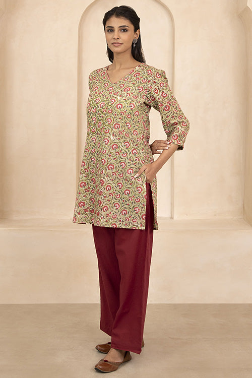 Shuddhi Pale Olive Green Handblock Printed Short Kurti