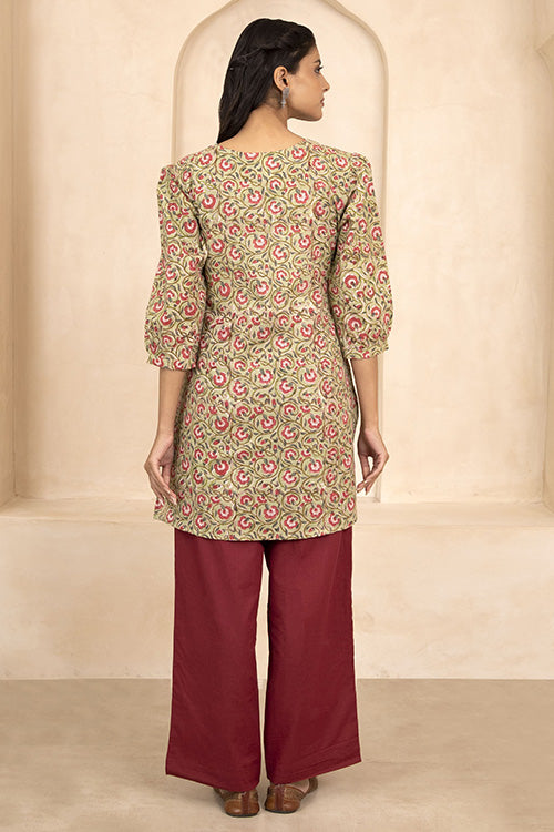 Shuddhi Pale Olive Green Handblock Printed Short Kurti