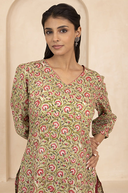 Shuddhi Pale Olive Green Handblock Printed Short Kurti
