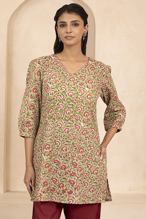 Shuddhi Pale Olive Green Handblock Printed Short Kurti