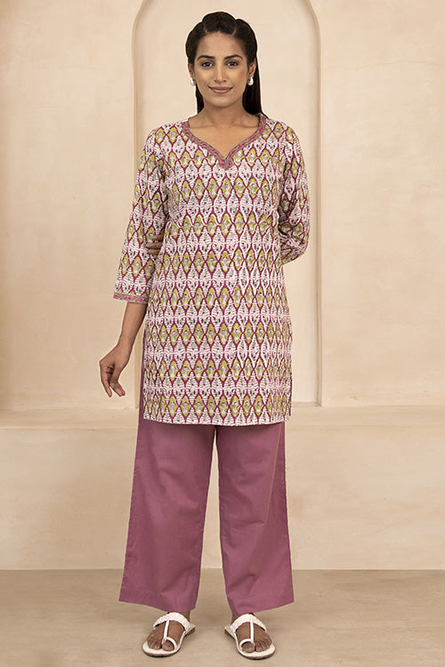 Shuddhi Maroon and Olive Handblock Printed Short Kurti