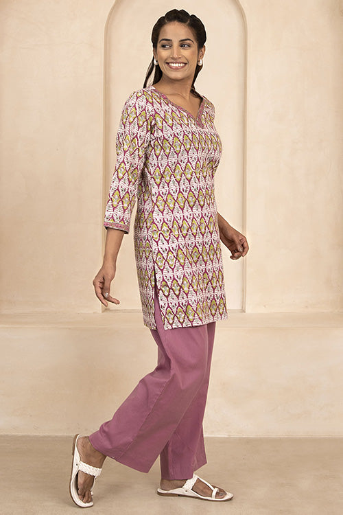 Shuddhi Maroon and Olive Handblock Printed Short Kurti